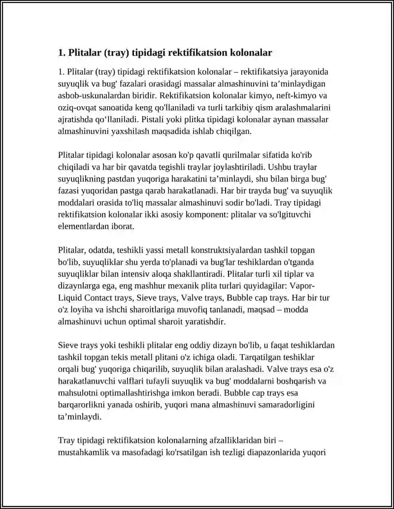 Plitalar (tray) tipidagi rektifikatsion kolonalar 3