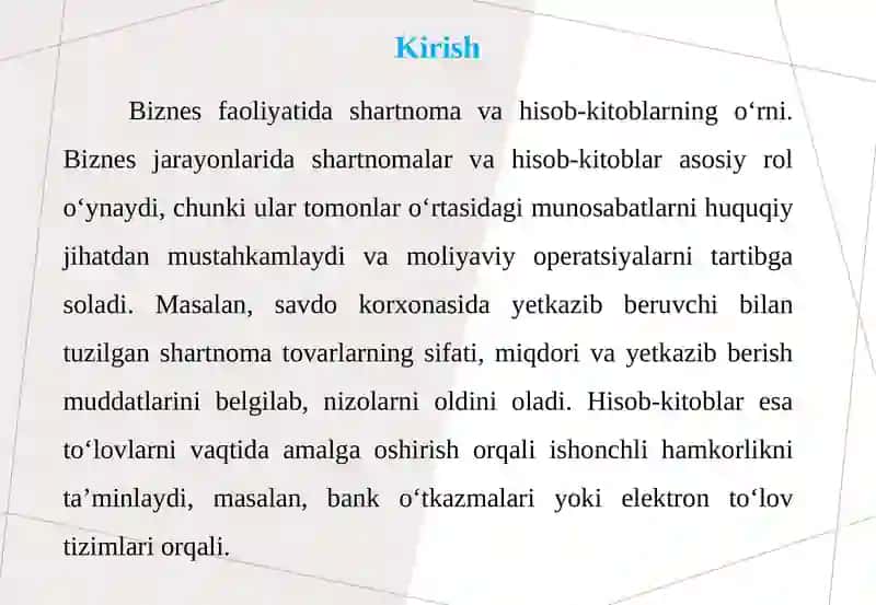 Biznes Faoliyatidagi Shartnoma va Hisob-kitoblar 3