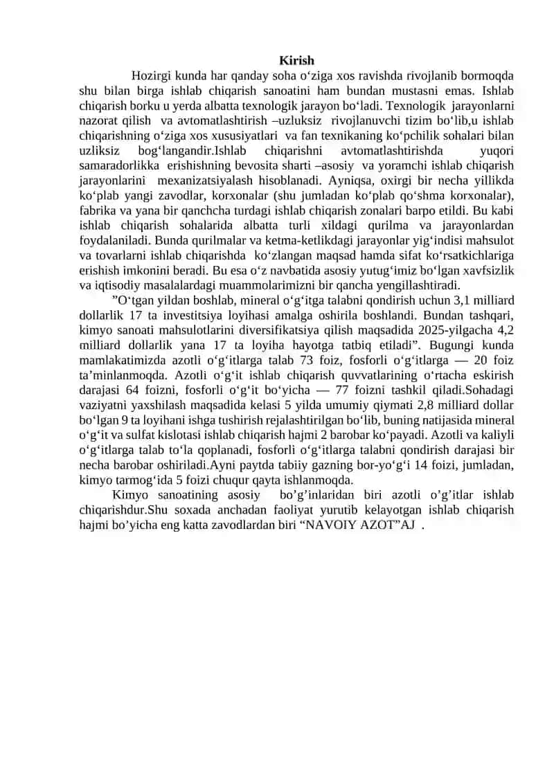 "Navoiy azot” AJ da nitrat kislotasini absorbsiya usulda olish jarayonini avtomatlashtirish mavzuli 3