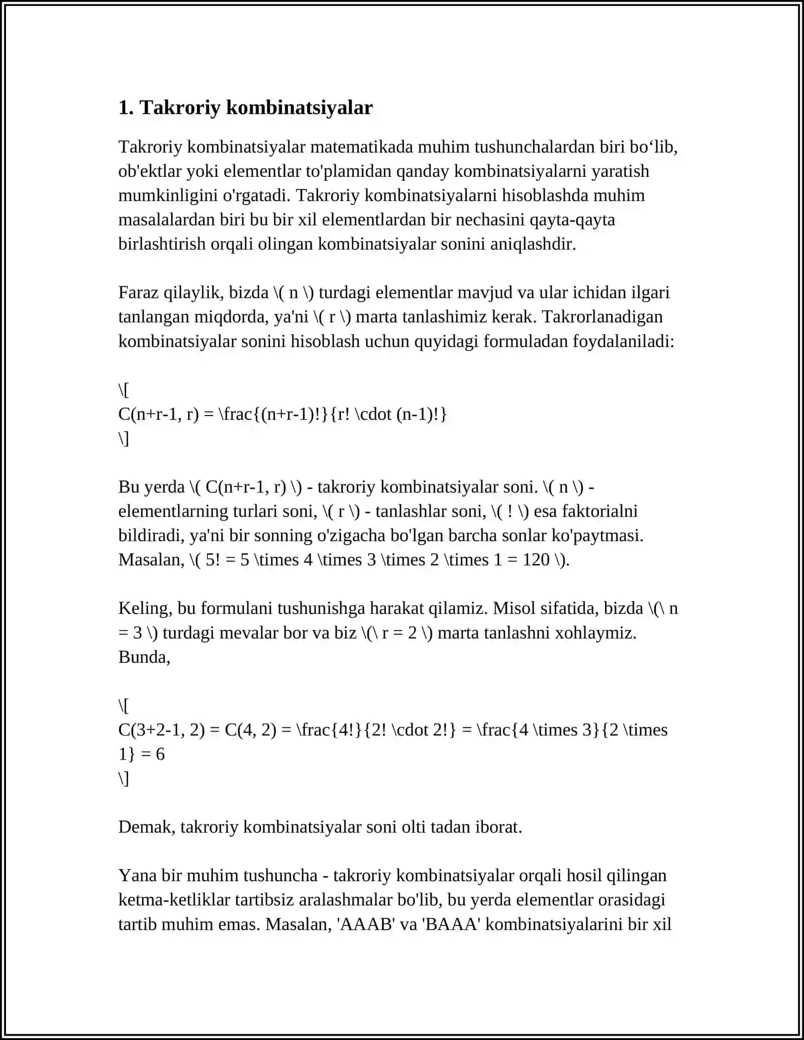 TAKRORIY VA TAKRORSIZ KOMBINATORIYA ELEMENTLARIGA DOIR MASALALAR 3