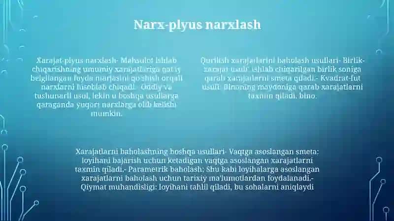 Qurilishda Narxlarni Shakllantirish Usullari 3