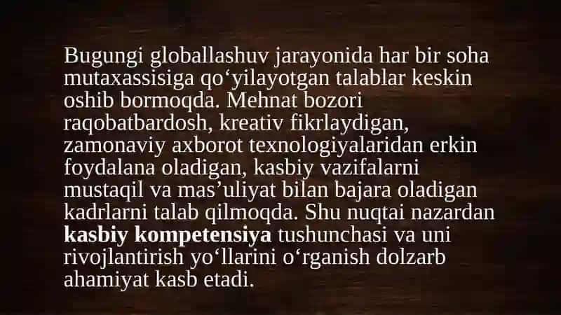 Kasbiy kompetensiya va uni rivojlantirish yo’llari 3