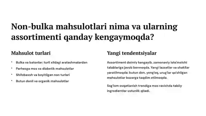 Non-Bulka Mahsulotlarining Yangi Assortimenti: Innovatsiyalar va Sifat 3