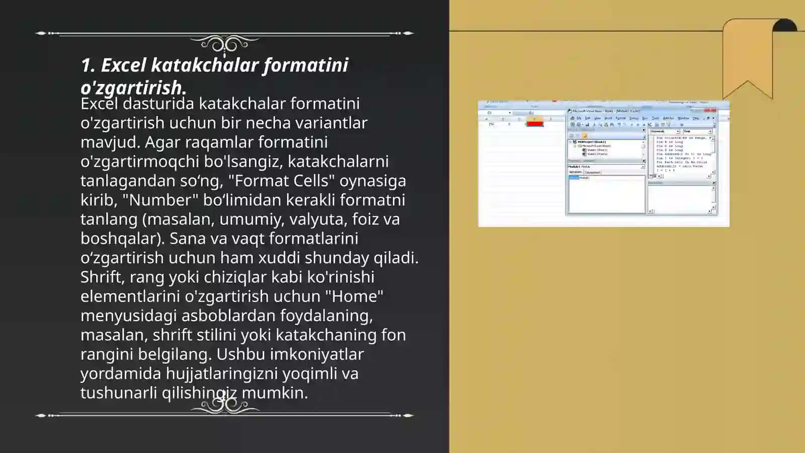 Excel katakchalar formatini o'zgartirish 3