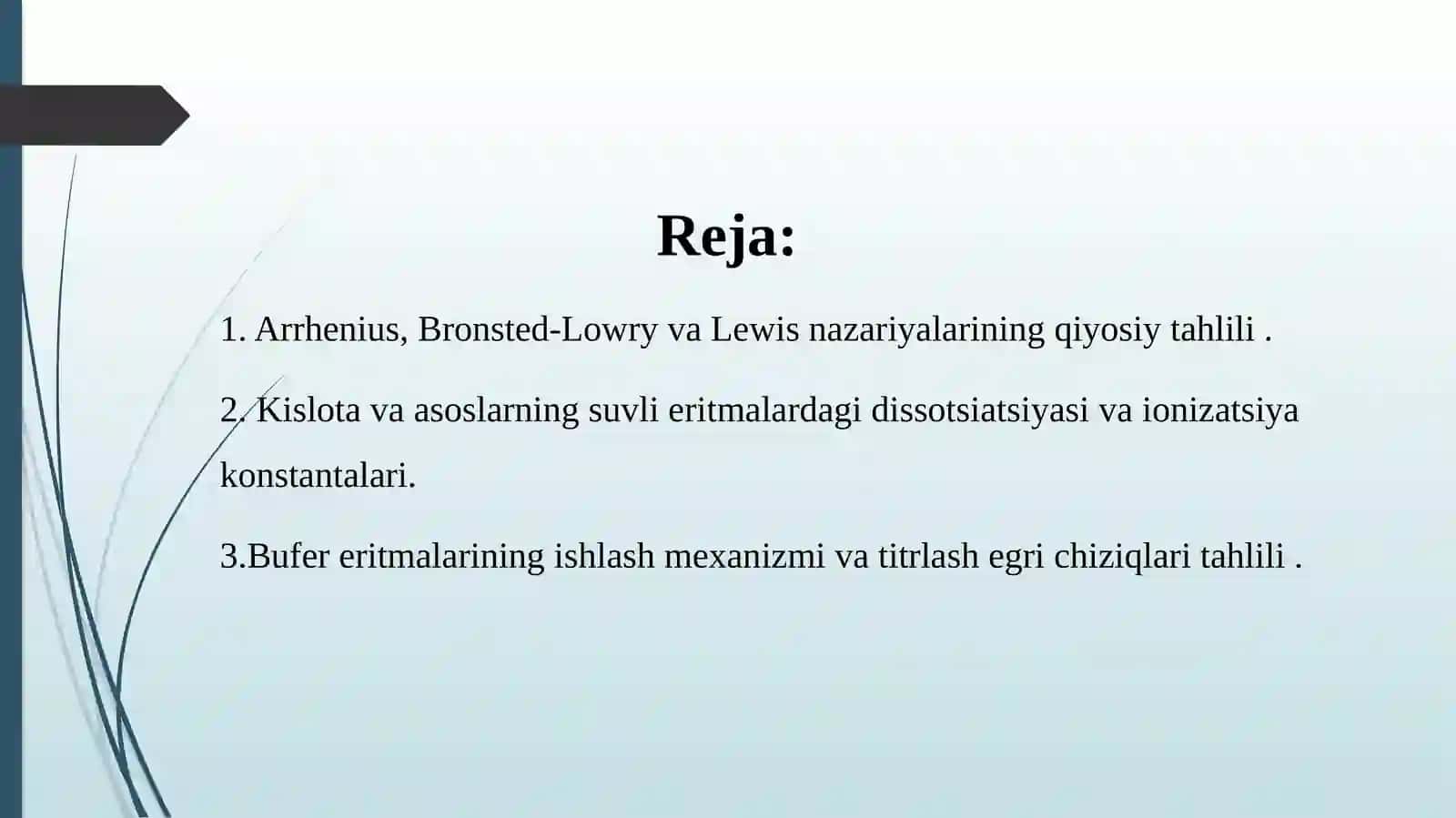 Kimyota’limyo‘nalishi2-kurs (kechki) 124-guruhtalabasiOdinayevaNiginaningAnalitikkimyofanidanKislotavaasoslareritmalaridamuvozanatmavzusidayozgankursishitaqdimoti 3