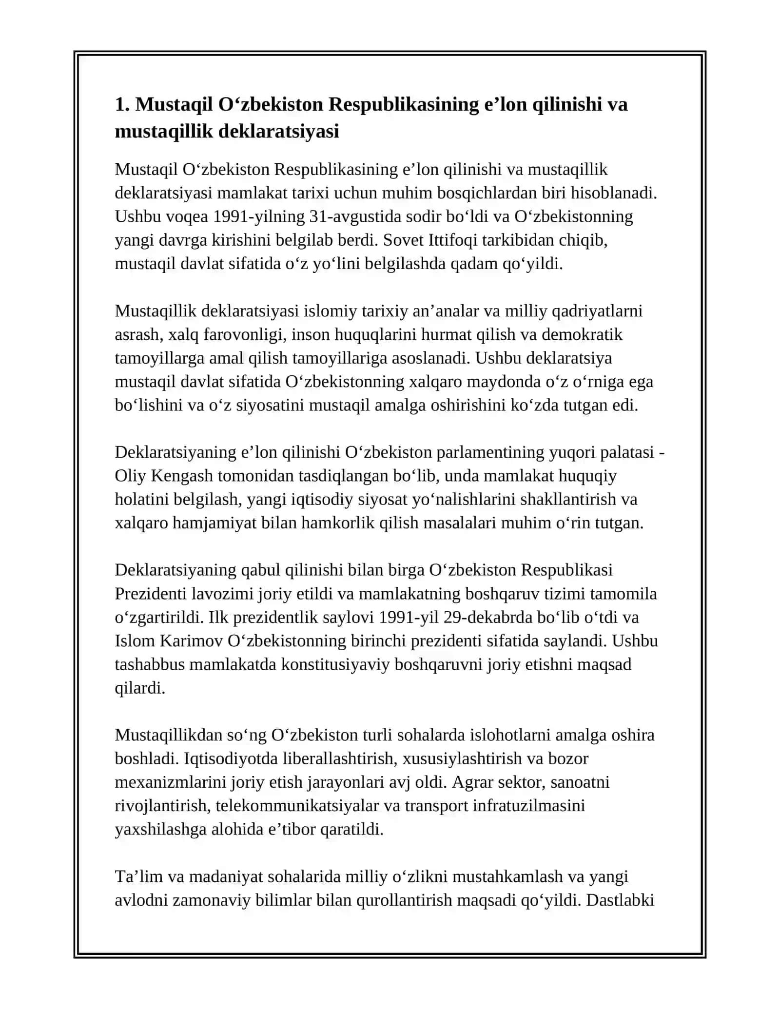 MUSTAQIL OʻZBEKISTON RESPUBLIKASINING TASHKIL TOPISHI 3