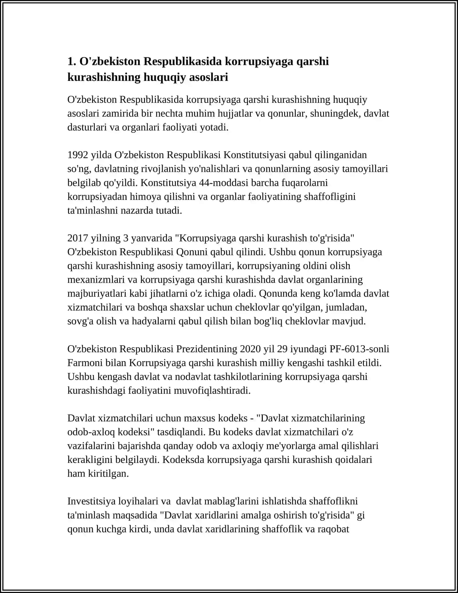 O’ZBEKISTON RESPUBLIKASIDA KORRUPSIYAGA QARSHI KURASHISH SOXASIDAGI QONUN XUJJATLARI 3