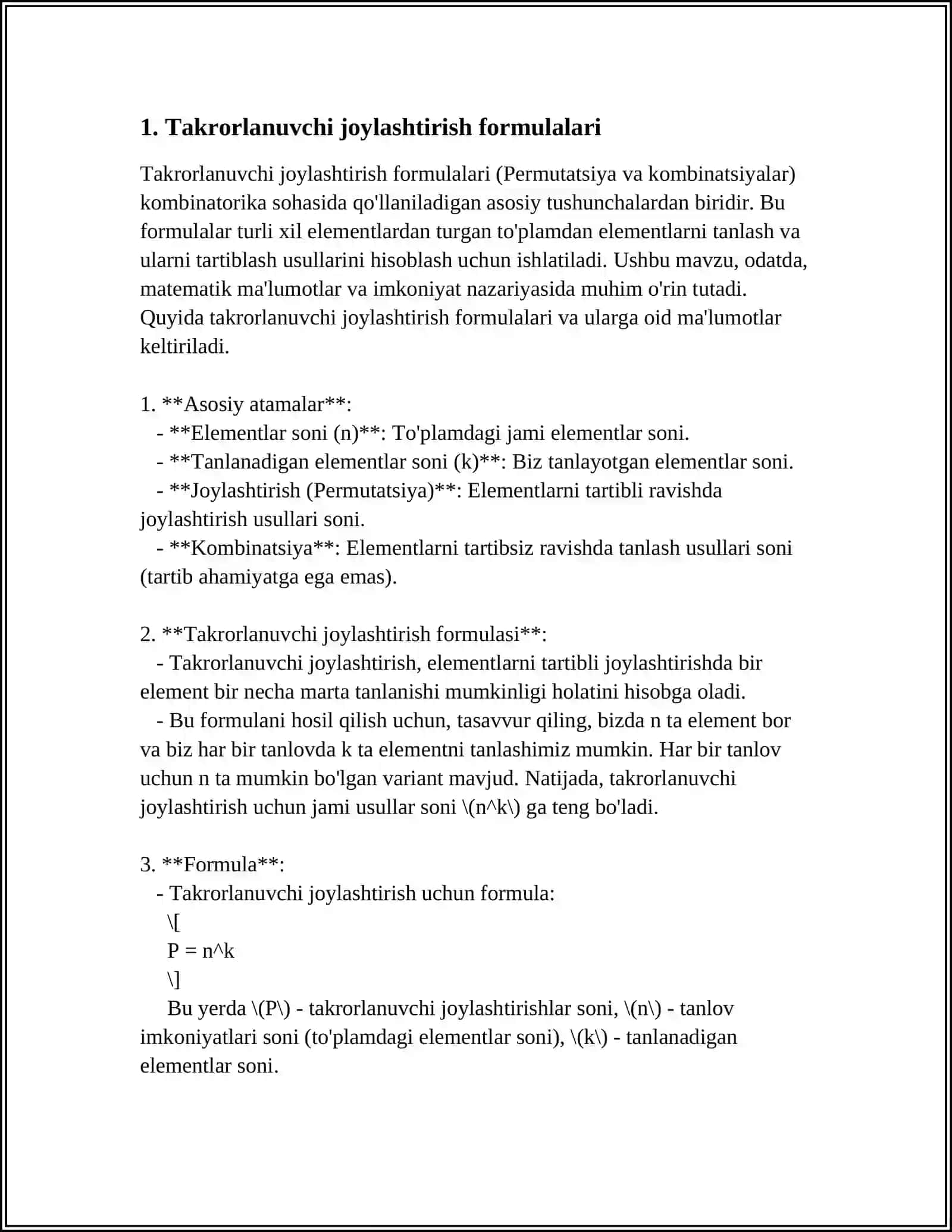 Takrorlanuvchi joylashtirish formulalari 3