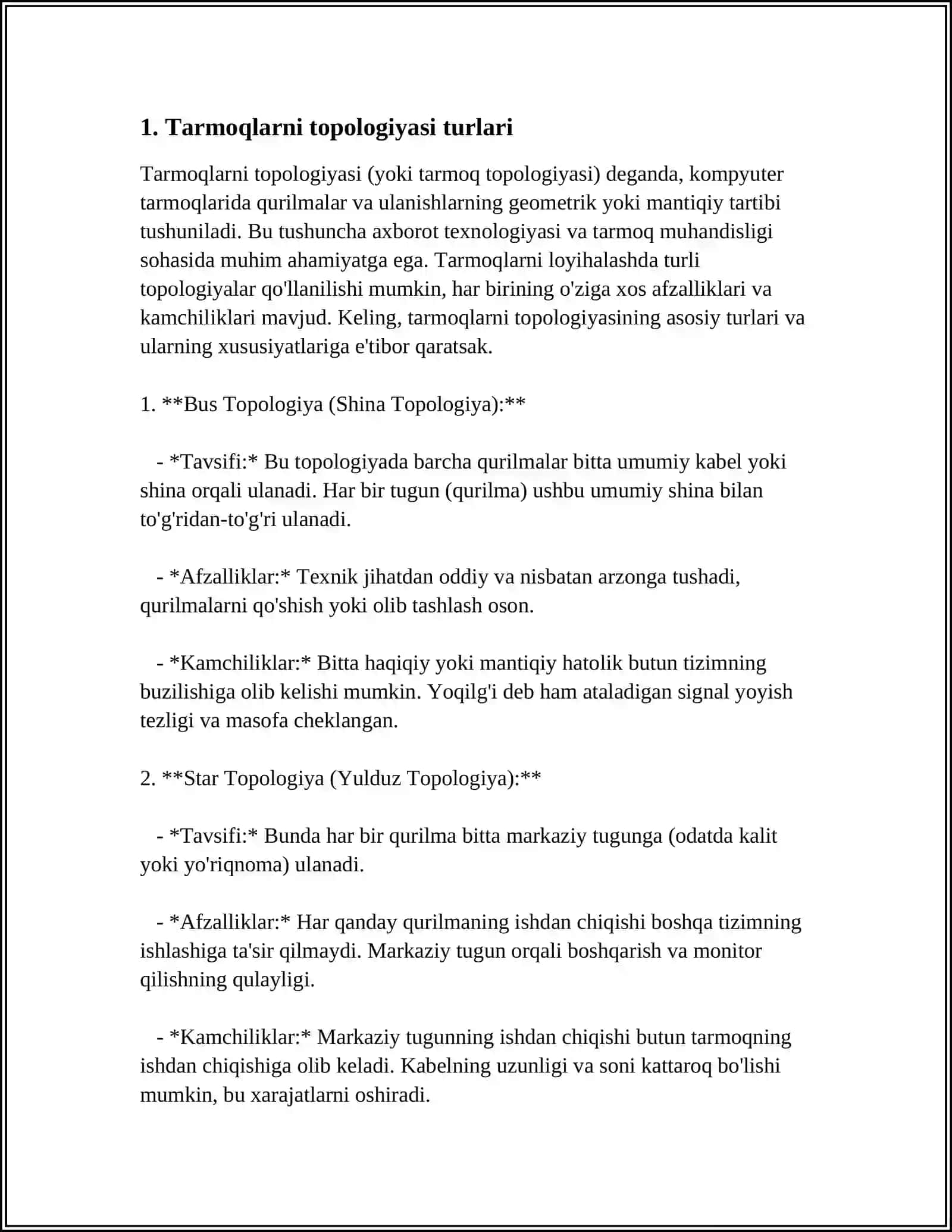 TARMOQ TAPOLOGIYASI. LOKAL VA MAHALLIY TARMOQ ORQALI AXBOROTLAR ALMASHISH 3