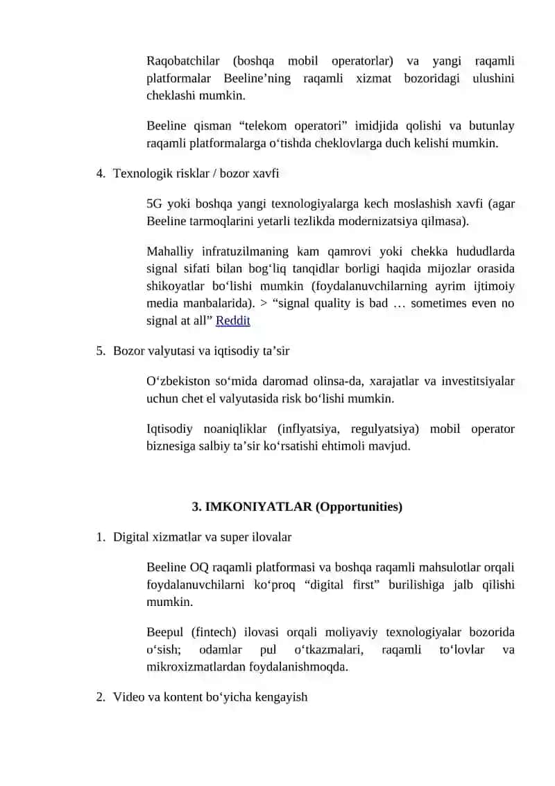 SWOT tahlili — Beeline Uzbekistan 3
