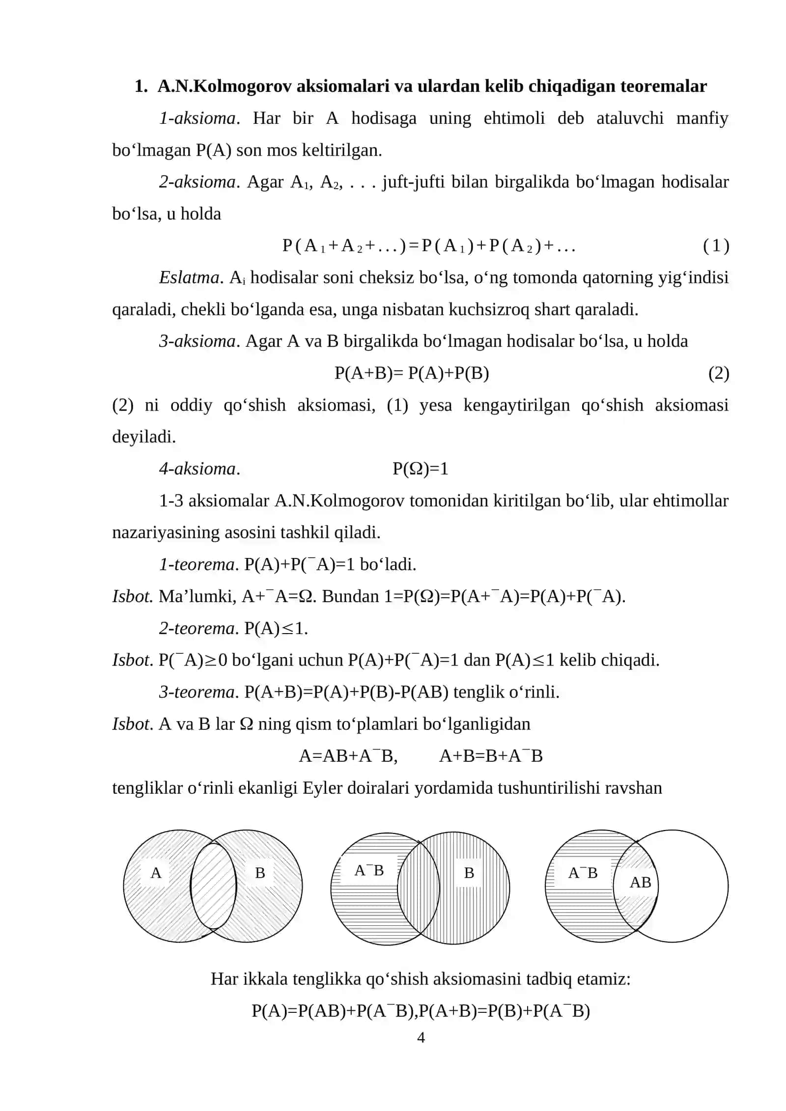 A.N.Kolmogorf aksiomalaridan kelib chiqadigan ehtimolning xossalari, shartli ehtimollik hodisalar bog’liqsizligi va bog’liqsiz hodisalar yig’indisi ehtimoli. To’la ehtimollik va Bayes foymulalari 3