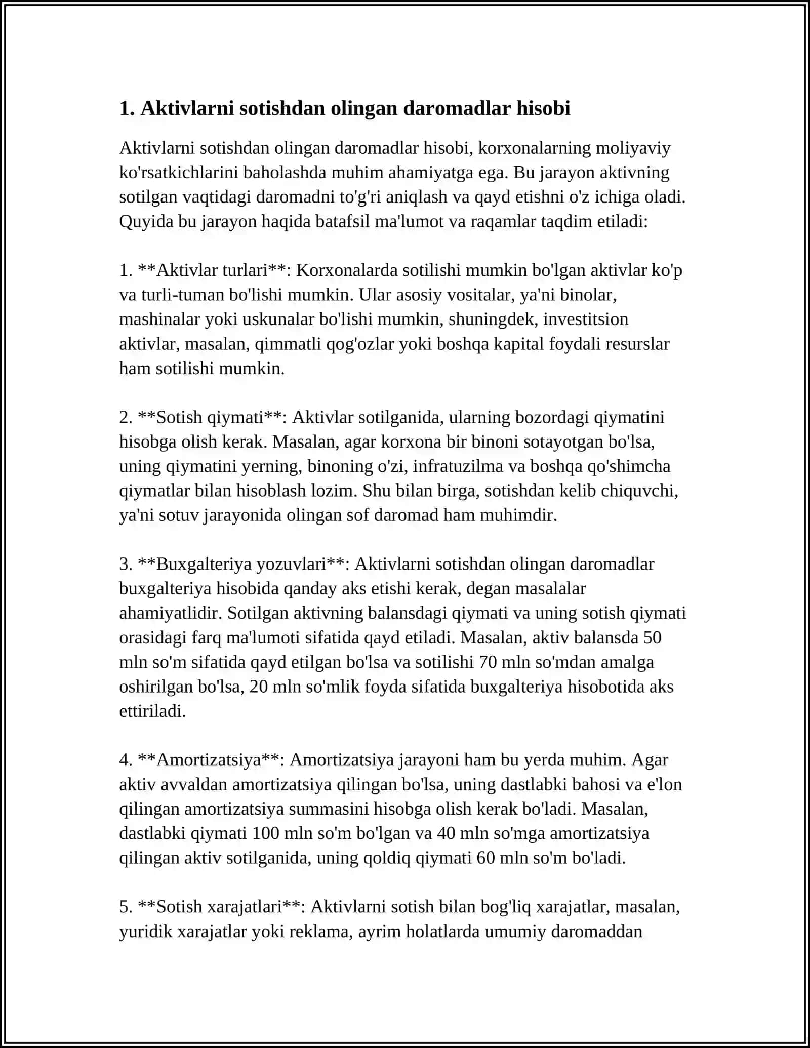 Aktivlarni sotishdan olingan daromadlar hisobi 3
