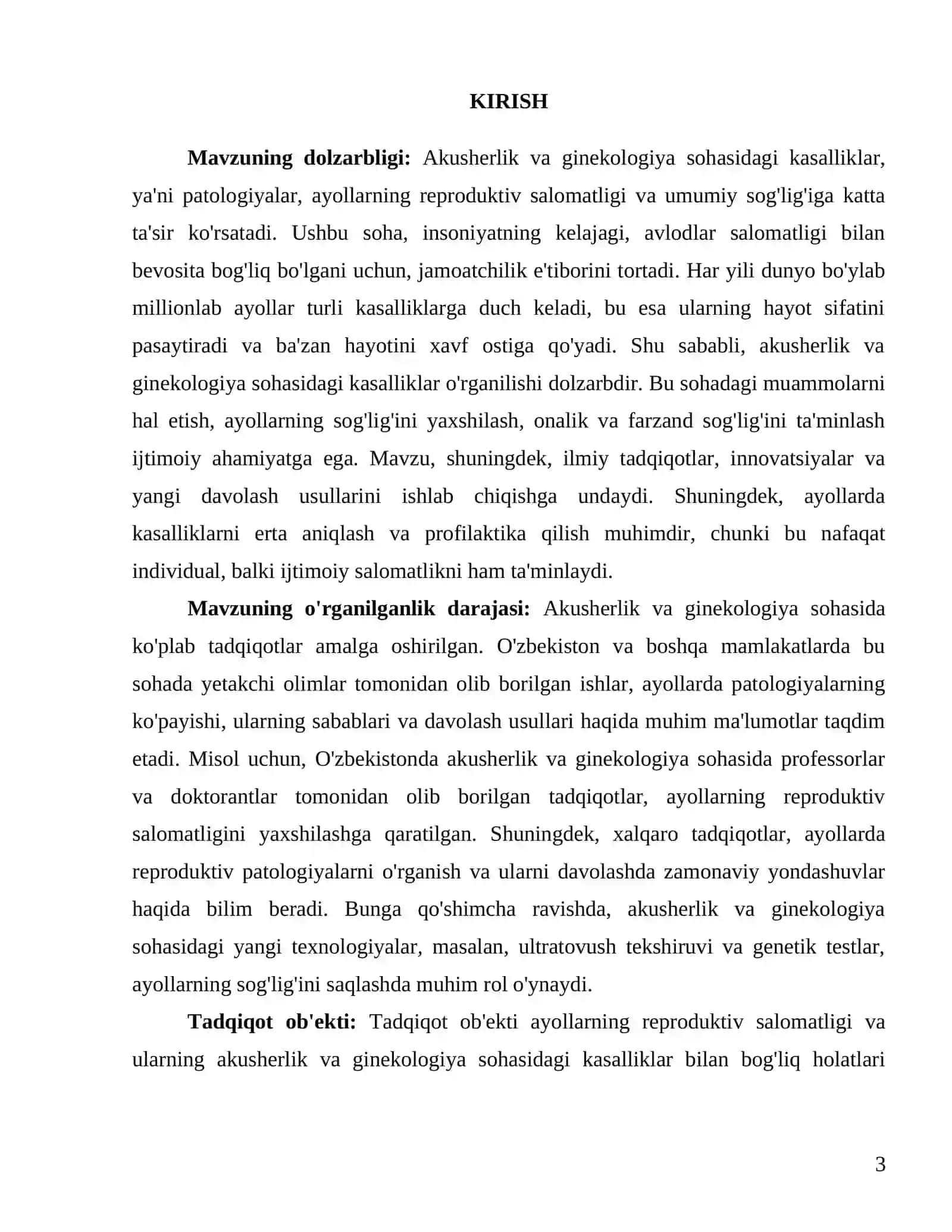 "Akusherlik va ginekologiya sohasidagi kasalliklar(patalogiyalar)" 3