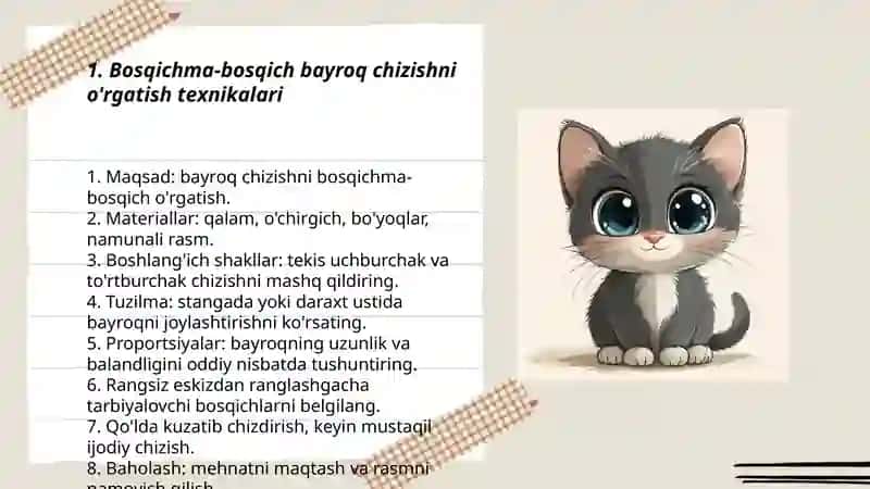 Maktabgacha taʼlim tashkilotlarida alohida predmetlarning rasmini (bayroq daraxt uy ) rasmini chizishga oʻrgatish 3
