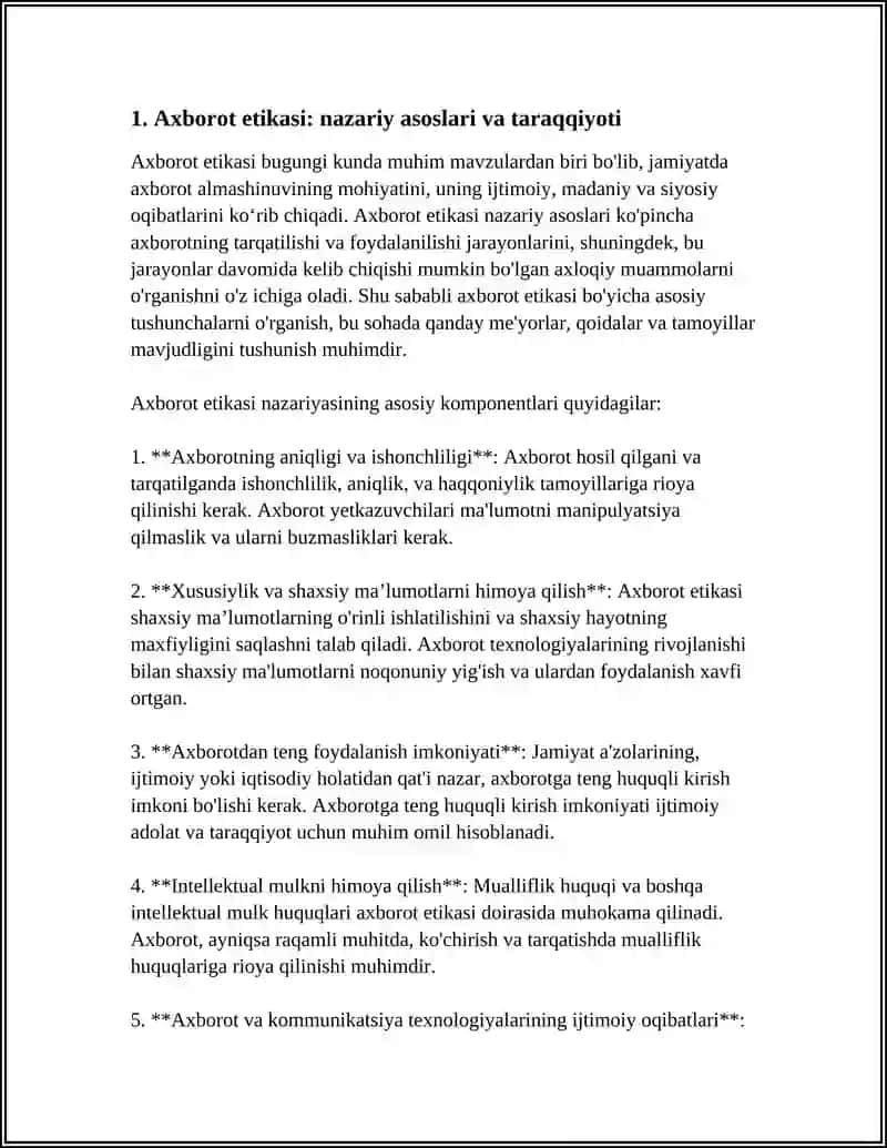 AXBOROT ETIKASI MAVZUSIGA MUSTAQIL ISH YOZIB BER 3