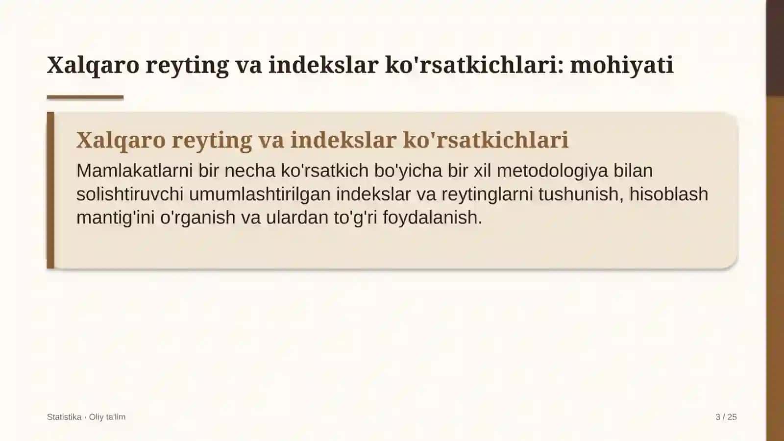 buyurtmaxonalarda xalqaro reyting va indekslar ko'rsatkichlari 3650 3