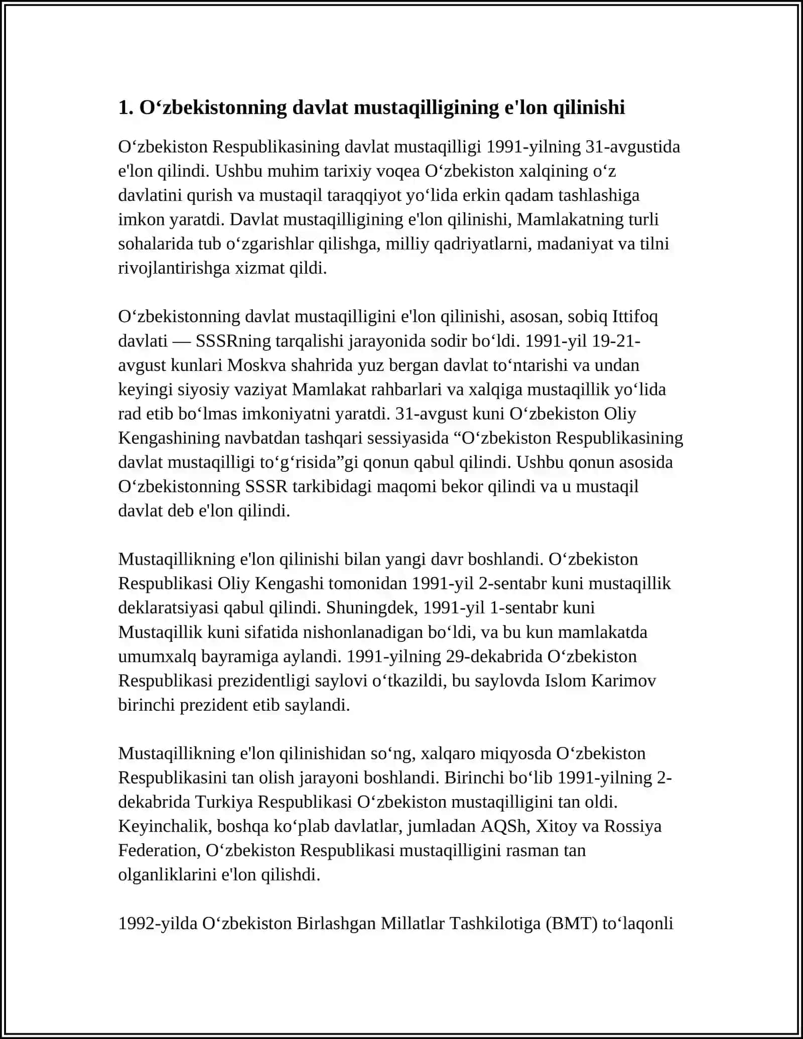 OʻZBEKISTONNING ENG YANGI TARIXI MAVZUSIDA MUSTAQIL ISH 3