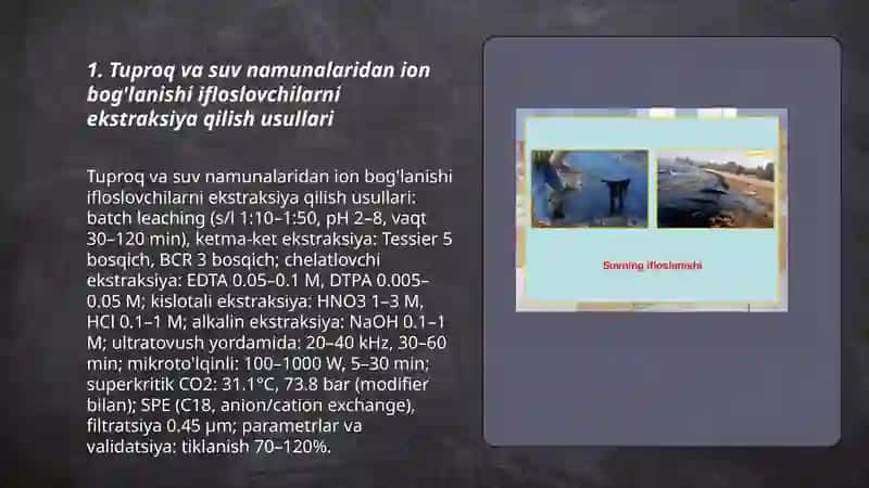 Tuproq va suvdagi ion bog'lanishi ifloslovchi moddalarni aniqlash 3