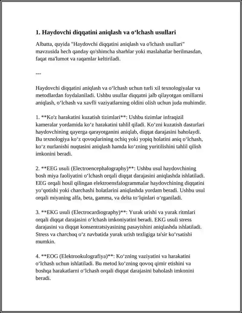 Haydovchi diqqatini aniqlash va o‘lchash usullari 3