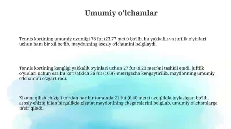 Tennis uyini maydon oʻlchamlari 3