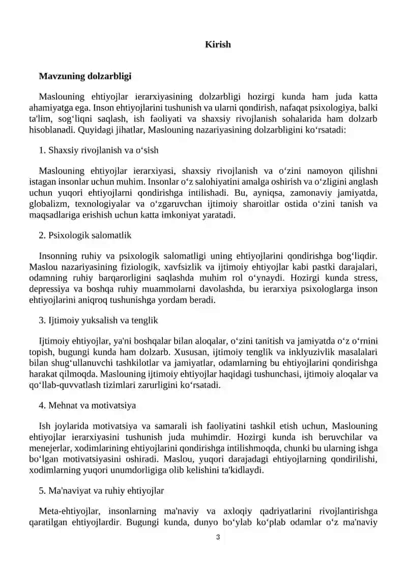 Asosoiy ehtiyojlar va meta-ehtiyijlar, ularning ierarxiyasi (Maslou). 3