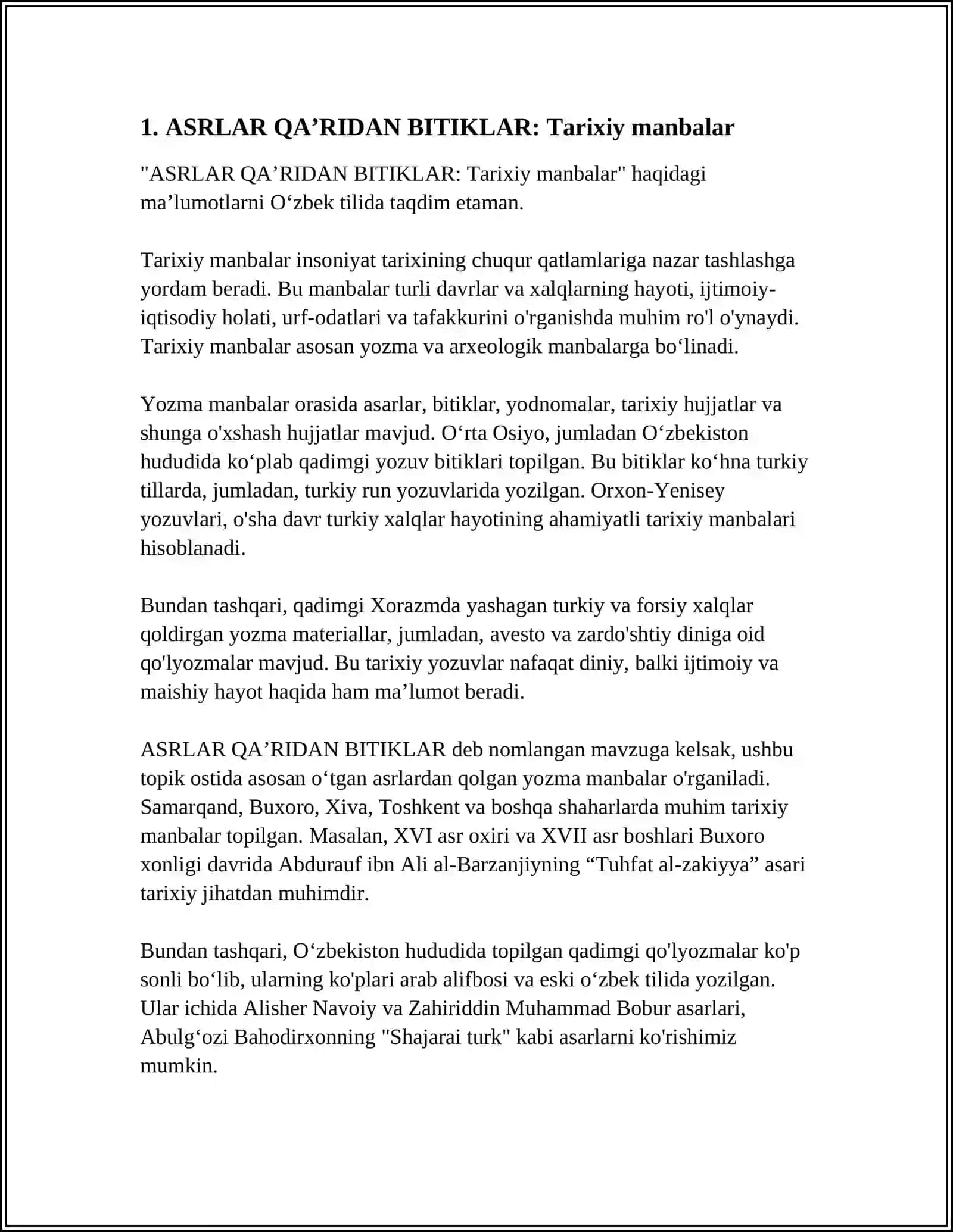 ASRLAR QAʼRIDAN BITIKLAR: Tarixiy manbalar 3
