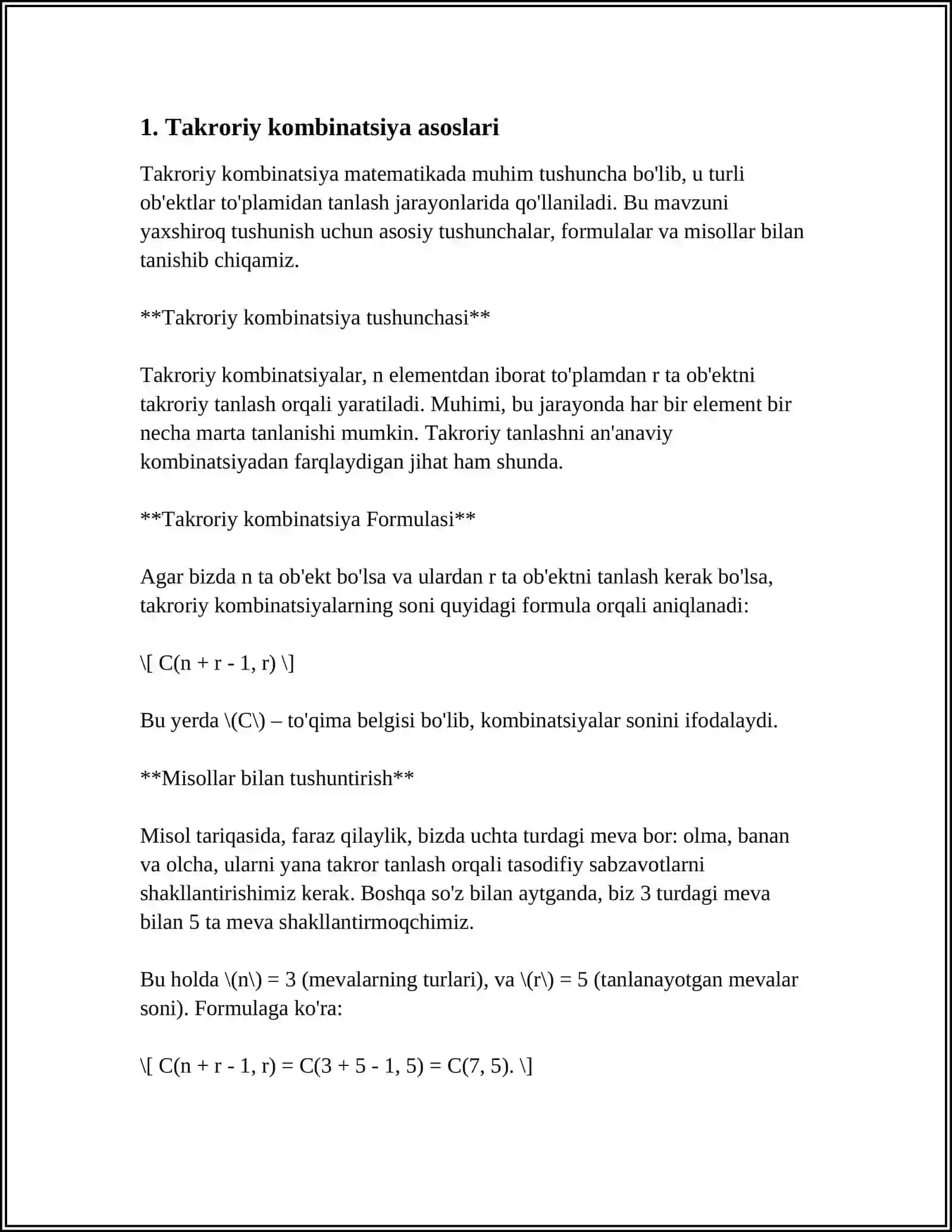 KAMBENATORIYANING TAKRORIY KAMBINATSIYASI 3
