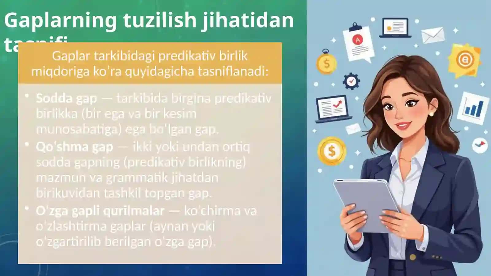 Gapning tuzilish jihatdan turlari: sodda gaplar, qo‘shma gaplar, o‘zga gapli qurilmalar. Bo‘laklargabo‘linadigan va bo‘laklargabo‘linmaydigan sodda gaplar va ularning turlari 3