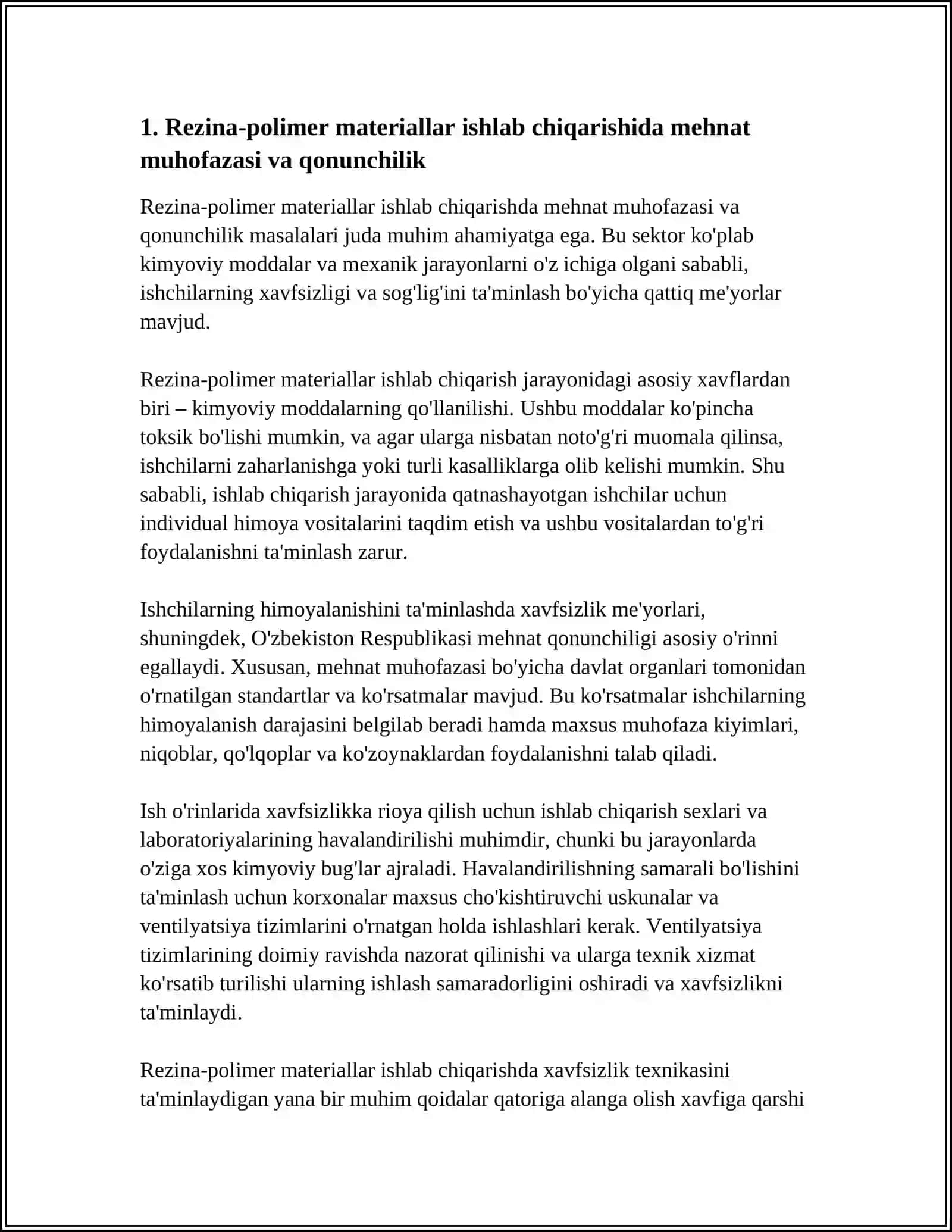 REZINA-POLIMER MATERIALLAR ISHLAB CHIQARISHNING MEHNAT MUHOFAZASI VA TEXNIKA XAVFSIZLIGI 3