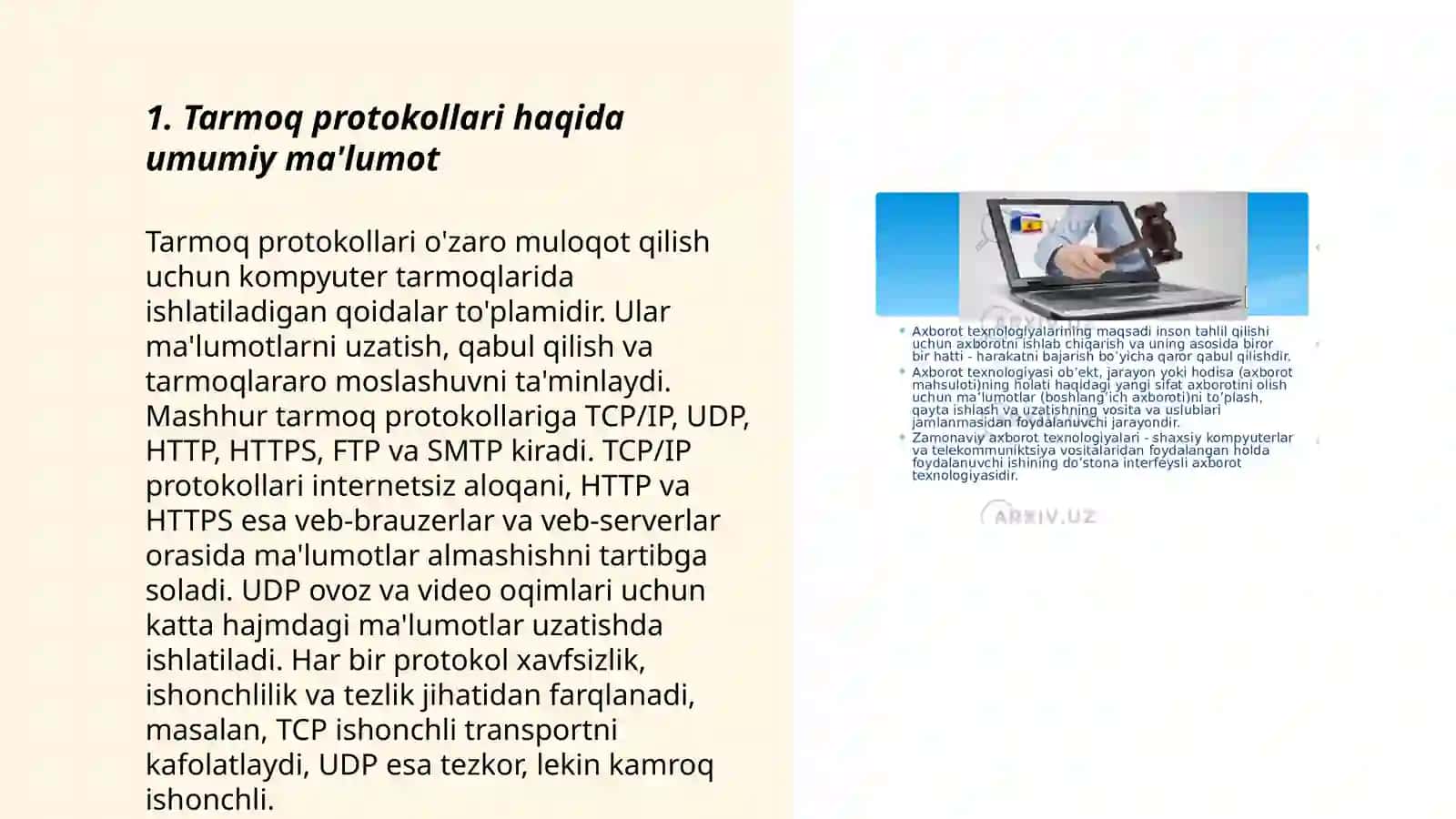 Tarmoq protokollari.Tarmoq sathi.Tarmoq sathi vazifalarini va tarmoq texnologiyalarini oʻrganish.Tarmoqlararo oʻzaro ishlash va qurilmalar tavsifi:takrorlagichlar,konsentratorlar,marshrutizatorlar,koʻpriklar,kommutatorlar va shlyuzlar.IPv4 protokolining tuzilishi.Manzillash:Internet- manzili,sinfli manzillash 3