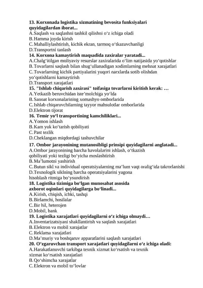 LOGISTIKA YAKUNIY TEST SAVOLLAR 3
