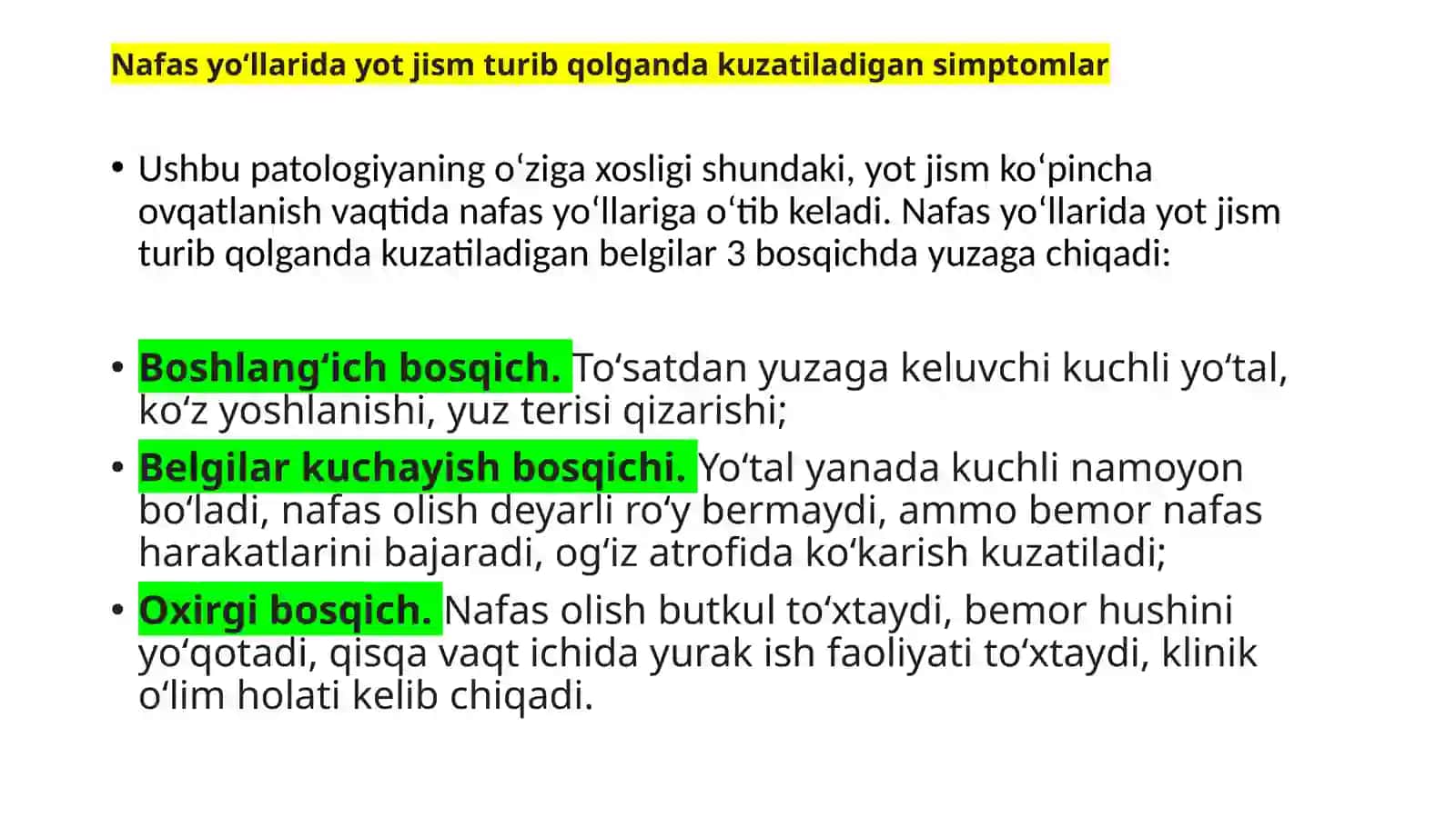 NAFAS YO’LLARIDA YOT TANA. SHOSHILINCH TIBBIY YORDAM ALGORITMI 3