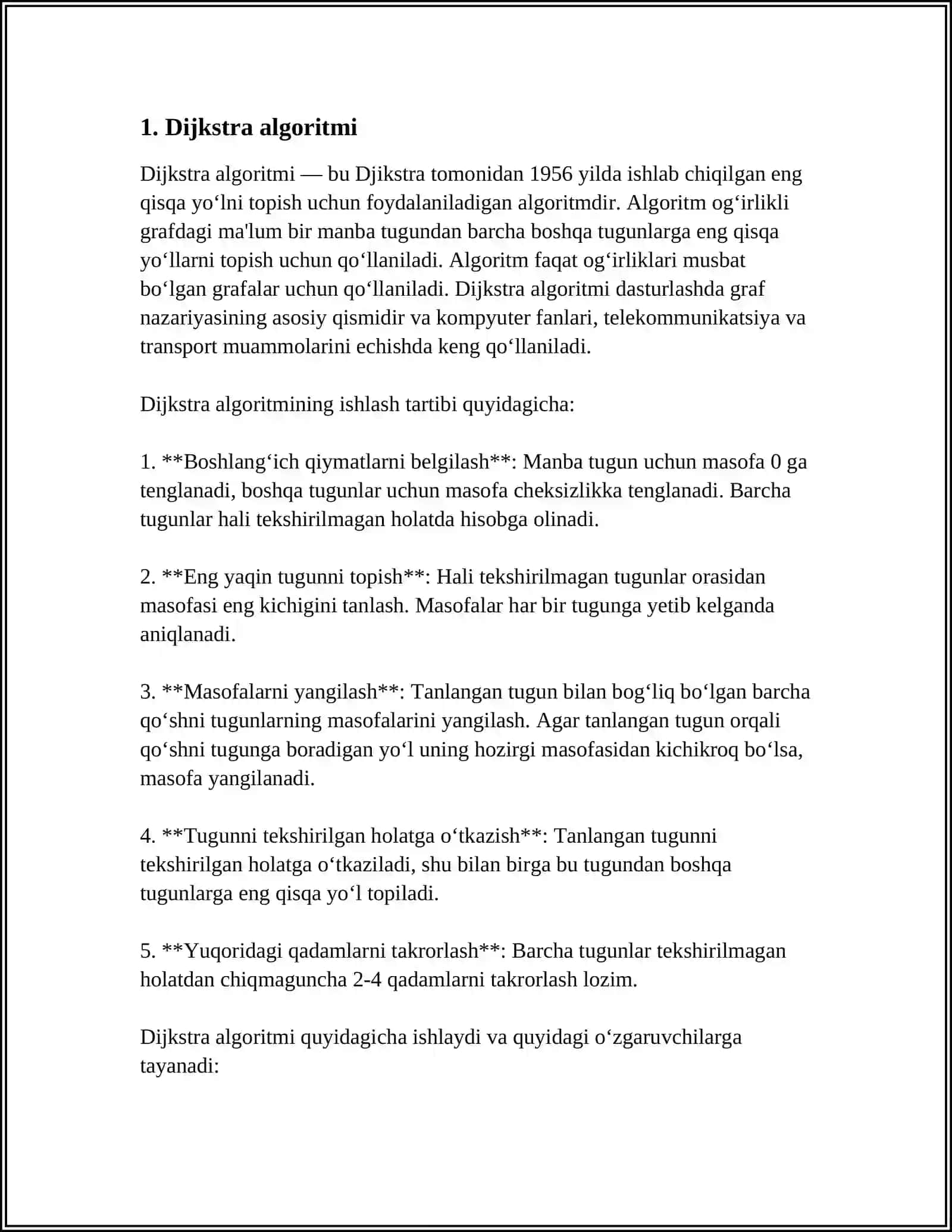 GRAFLARDA ENG QISQA YO'LNI ANIQLASH ALGORITMLARI 3
