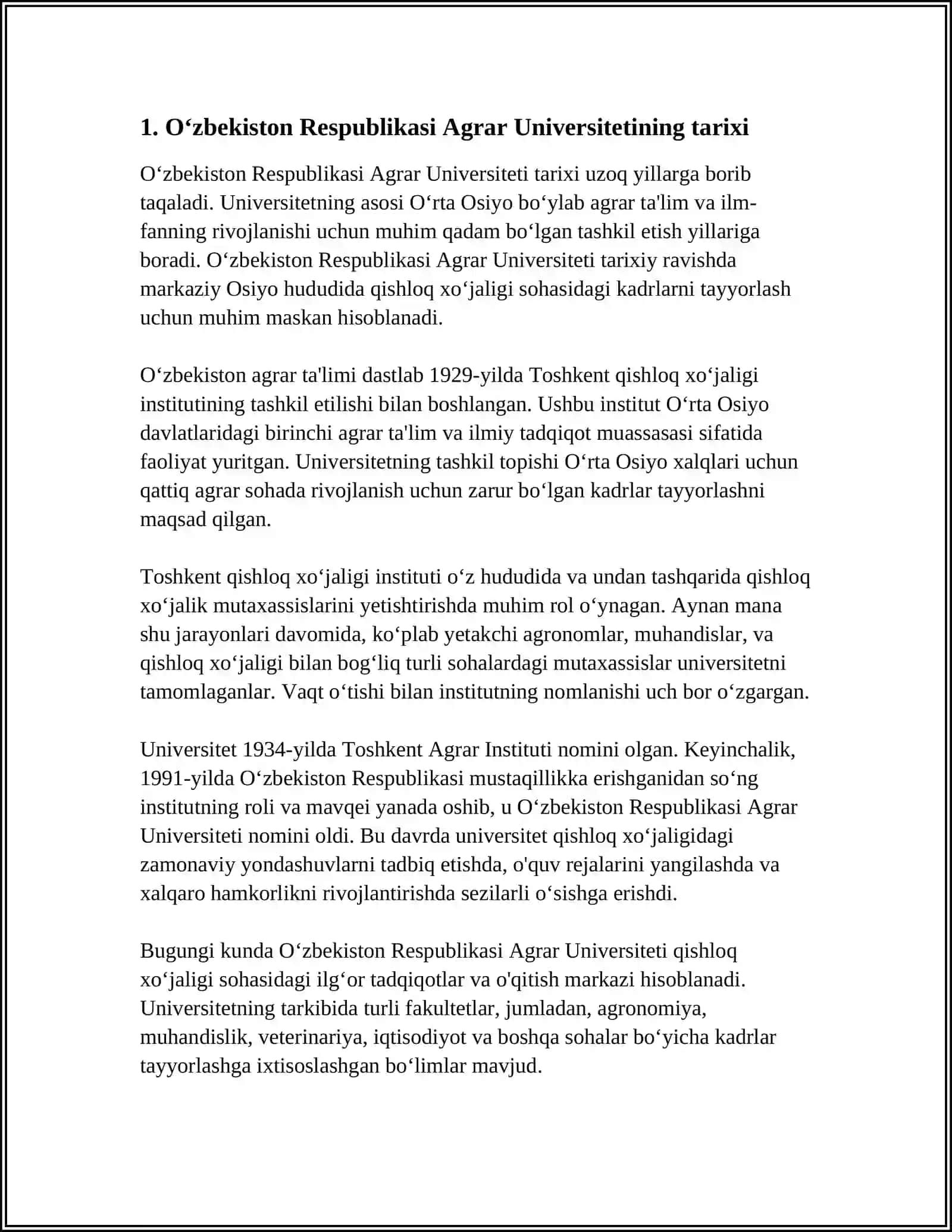 Oʻzbekiston Respublikasi Agrar Universiteti Referat 3
