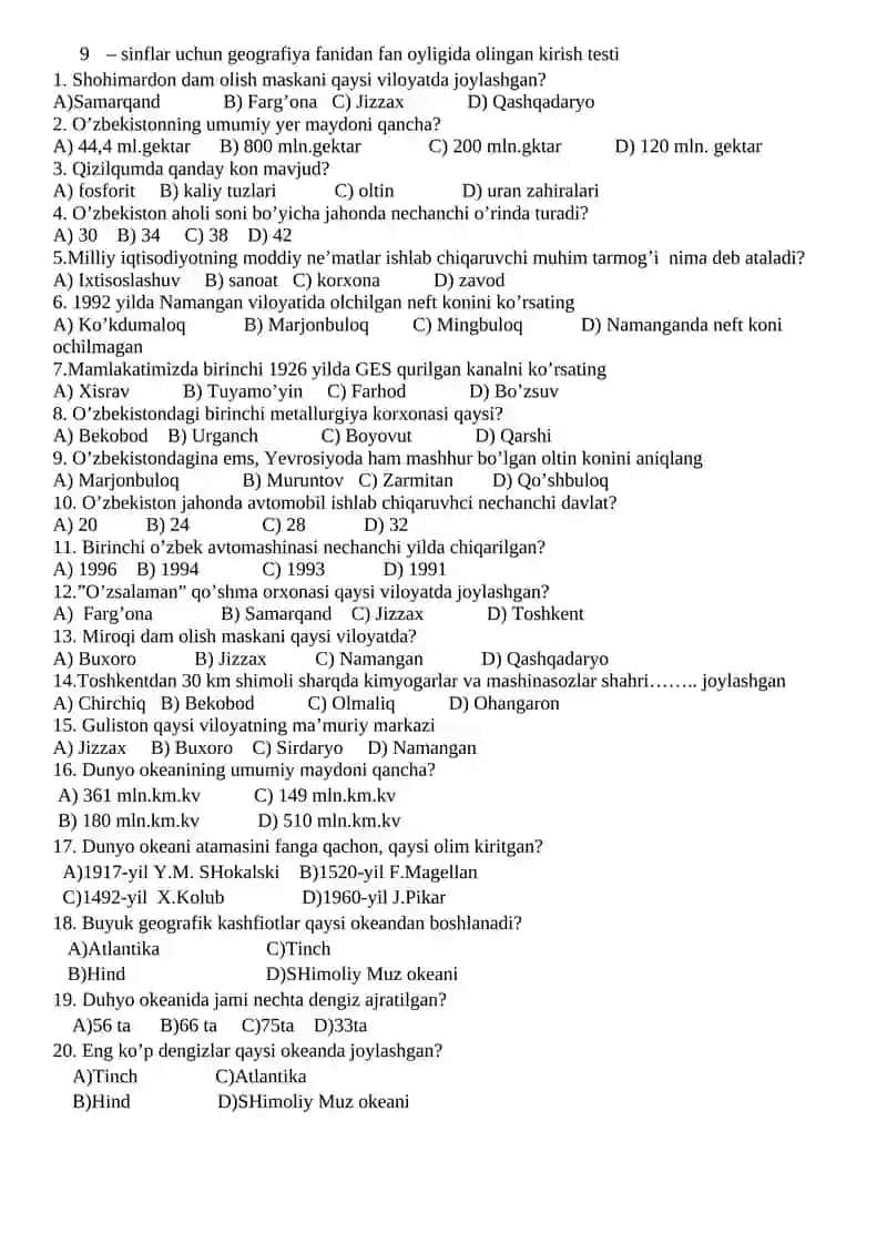 Geografiya fanidan kirish testi 3