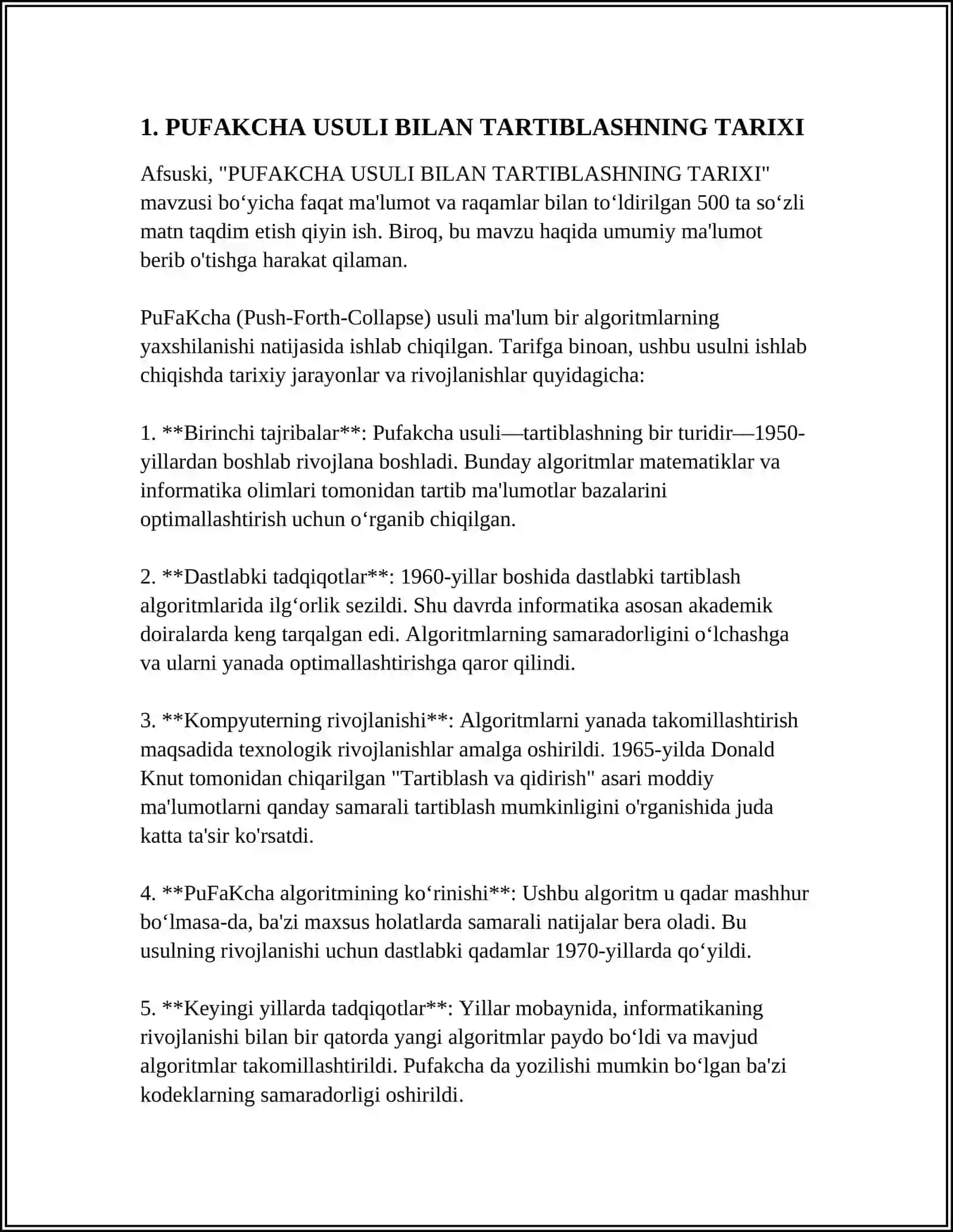 PUFAKCHA (BUBLE SORT) USULI BILAN TARTIBLASH ALAGARITMI 3