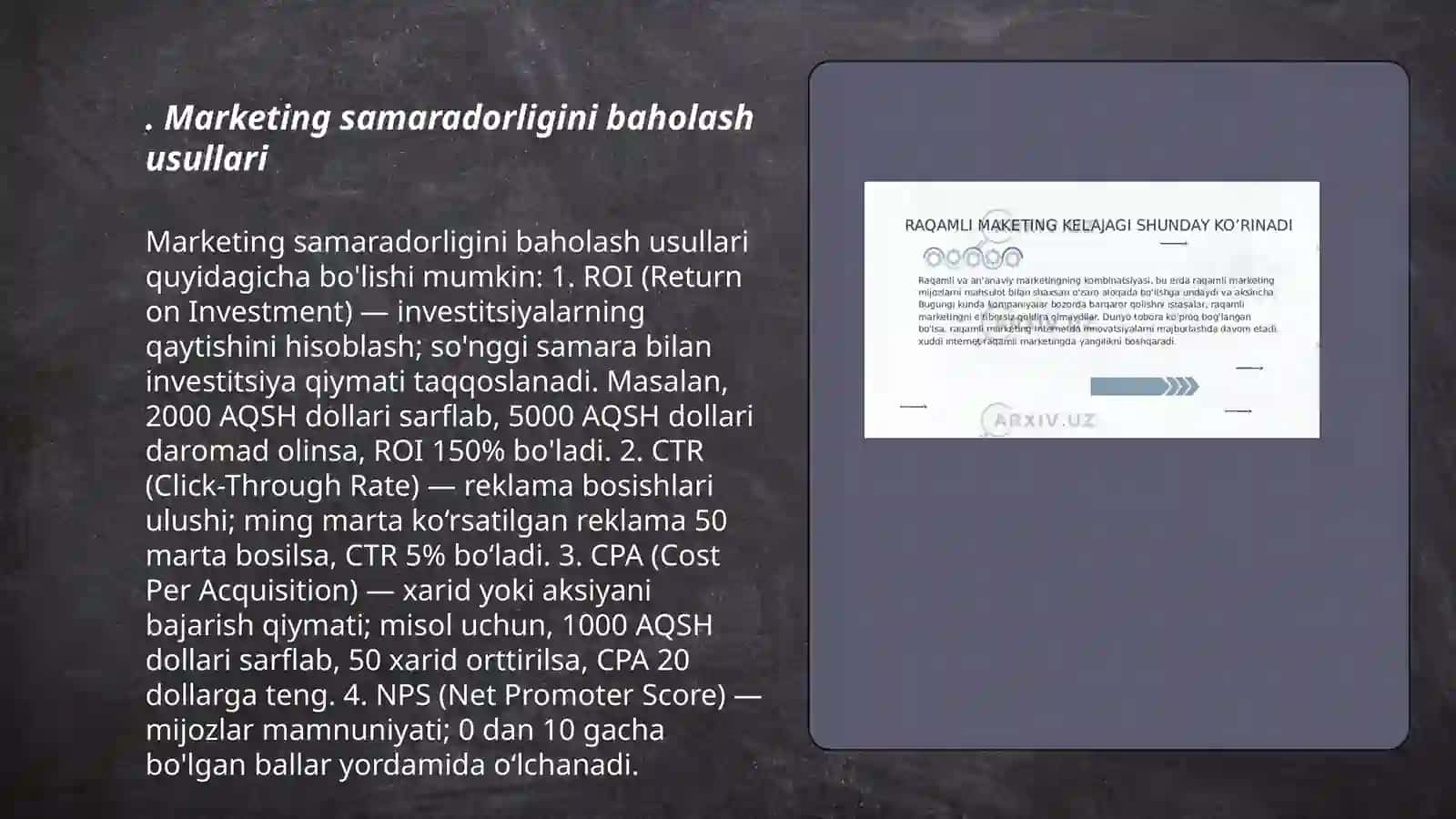 Marketing samaradorligini baholash statistikasi 3