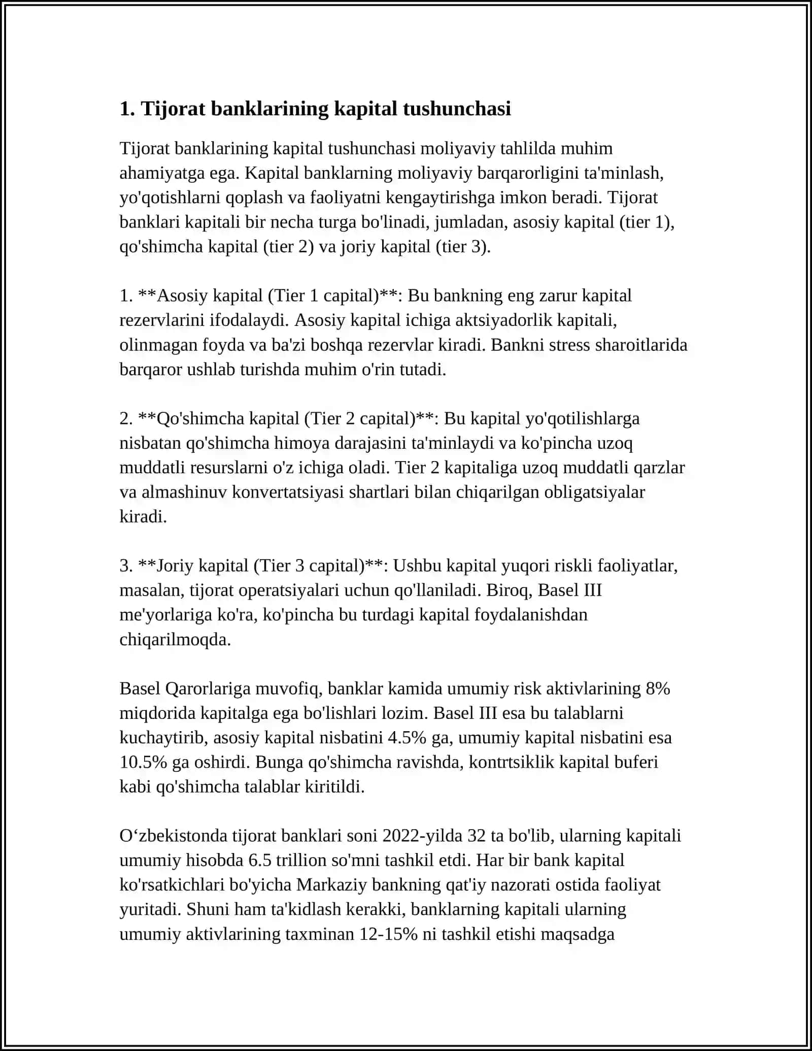 TIJORAT BANKINING KAPITALI, UNING TARKIBI VA YETARLILIGIGA QO'YILGAN TALABLAR 3