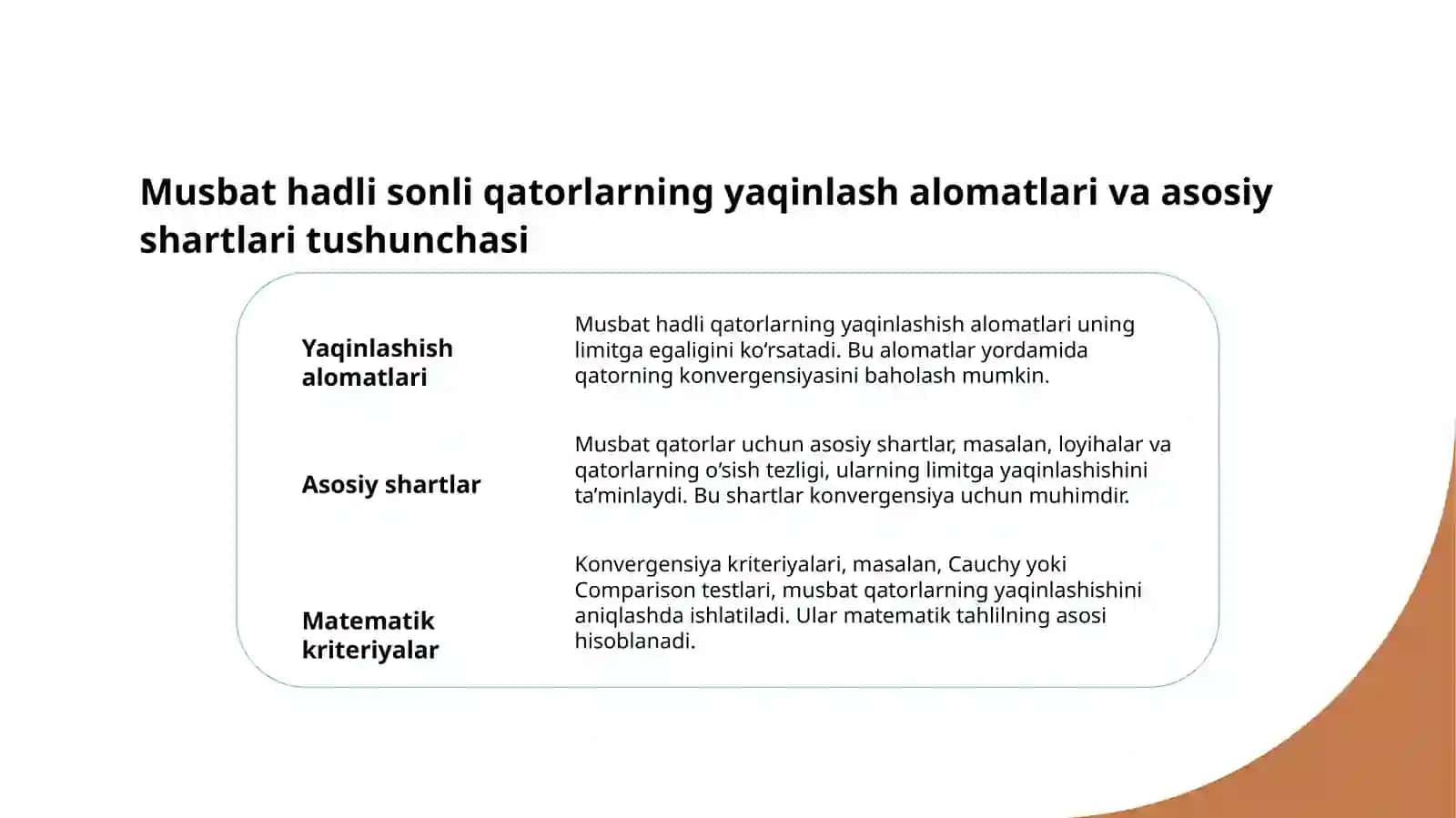Sonli qatorlar.Musbat hadli qatorlarning yaqinlash alomatlari 3