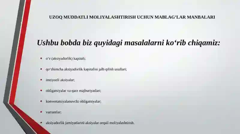 UZOQ MUDDATLI MOLIYALASHTIRISH UCHUN MABLAG’LAR MANBALARI 3