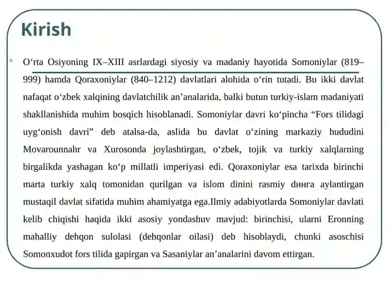 Somoniylar va Qoraxoniylarning kelib chiqishi va davlatchilik tarixi 3