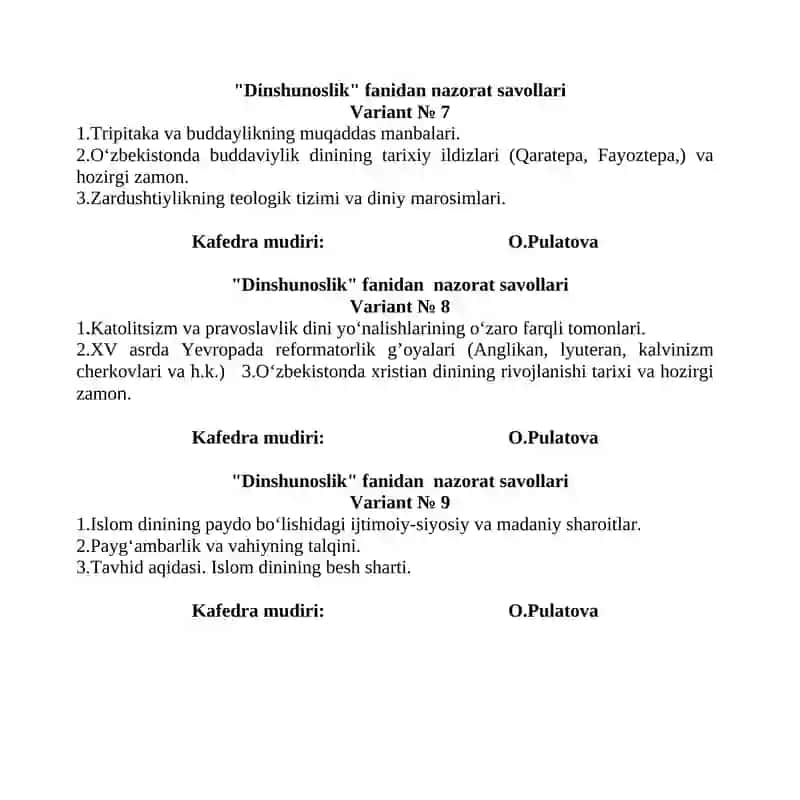 Dinshunoslik fanidan nazorat savollari 3