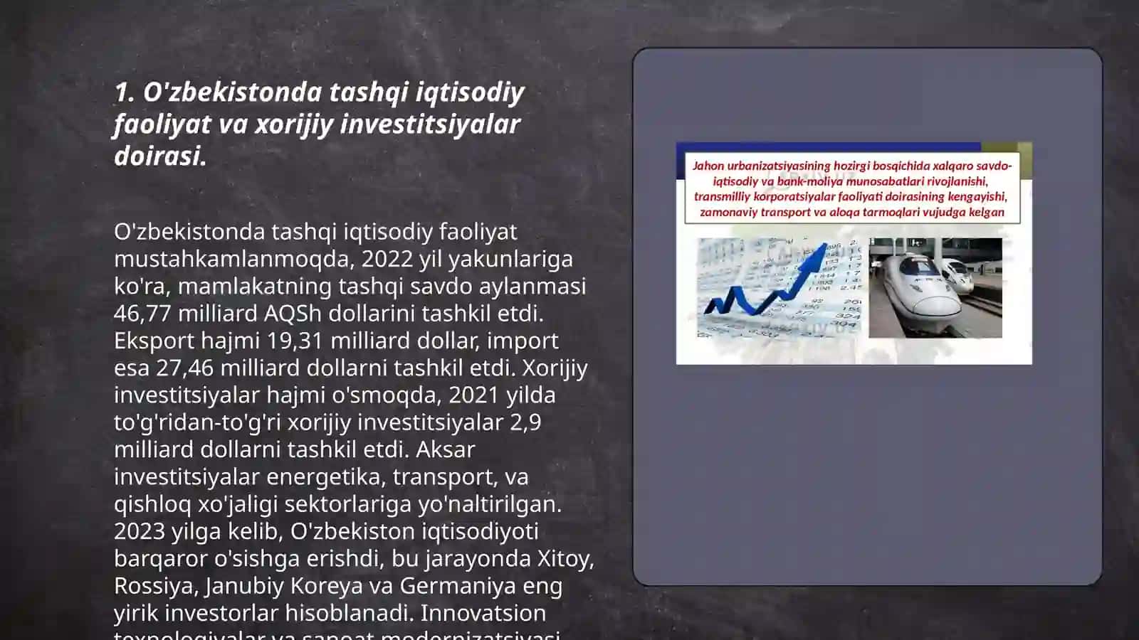 O'zbekiston Respublikasida tashqi iqtisodiy faoliyatini xorijiy investitsiyalar yordamida rivojlantirish masalalari 3