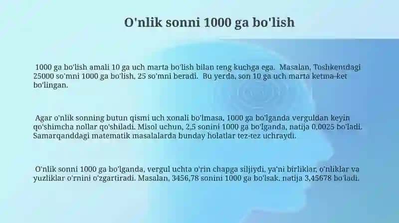 O`nli kasrni 10, 100, 1000 ga bo`lish 3