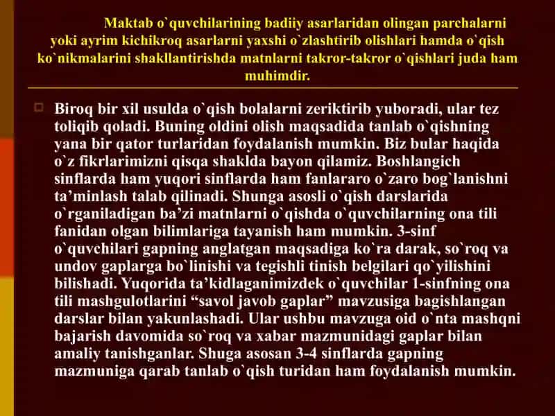 O`qish darslarida qo`llaniladigan metodlar. 3