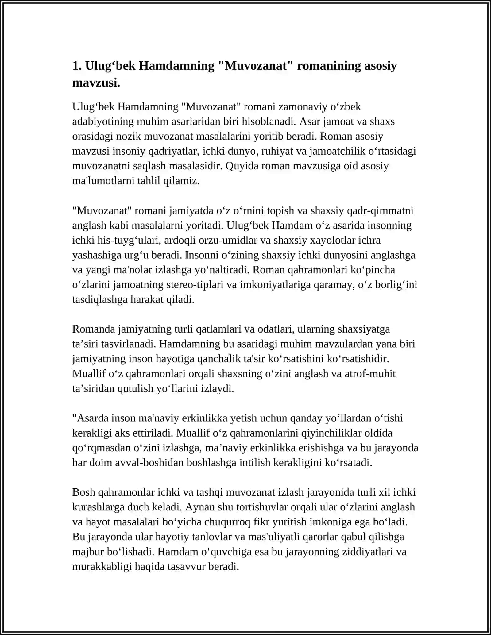 ULUGʻBEK HAMDAMNING,,MUVOZANAT" ROMANI BOʻYICHA REFERAT 3