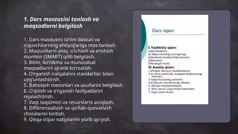 O'qituvchining darsga tayyorgarligi. Dars rejasi 3