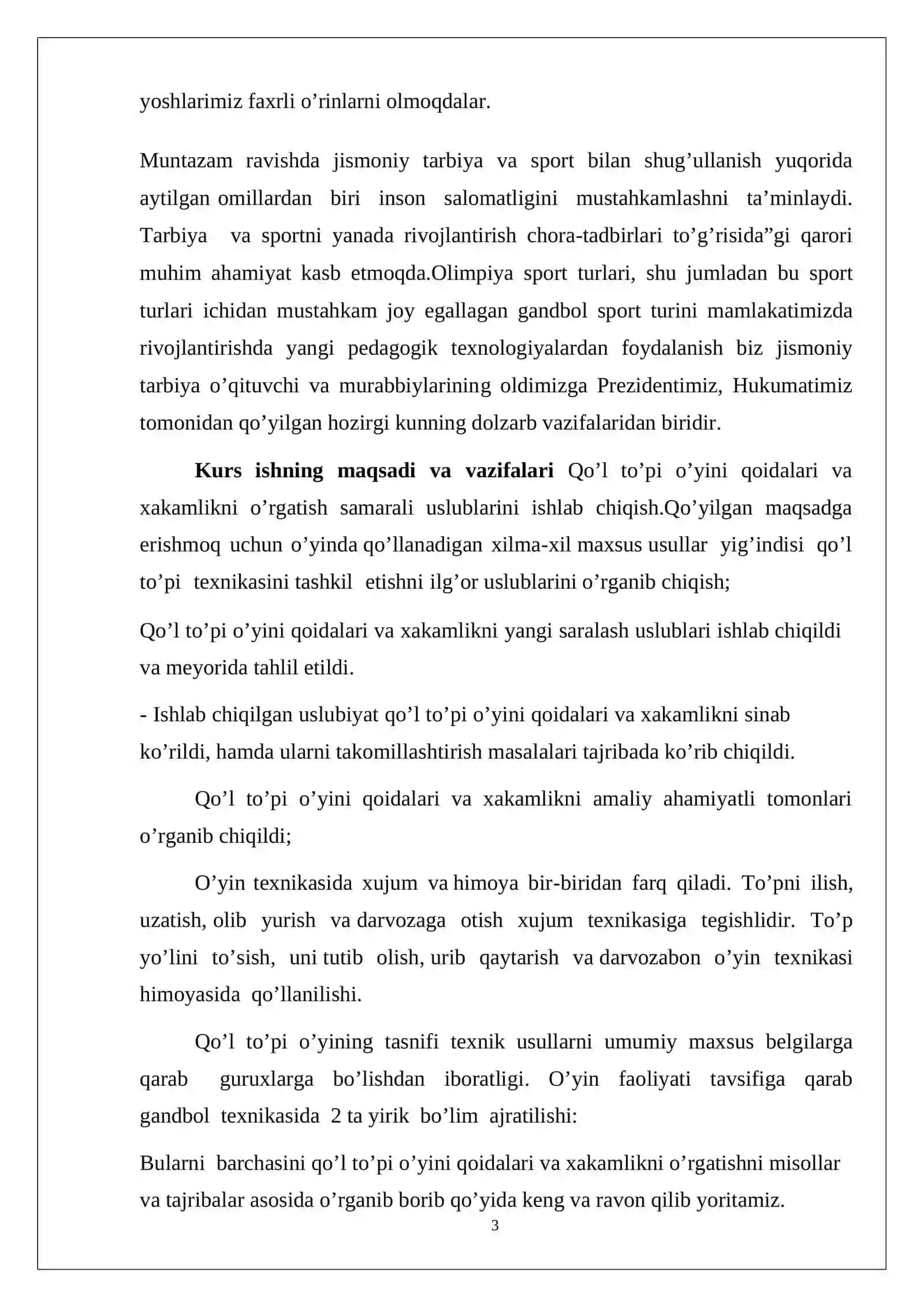 Qo'l  to'pi o'yin qoidalari kurs ishi 3