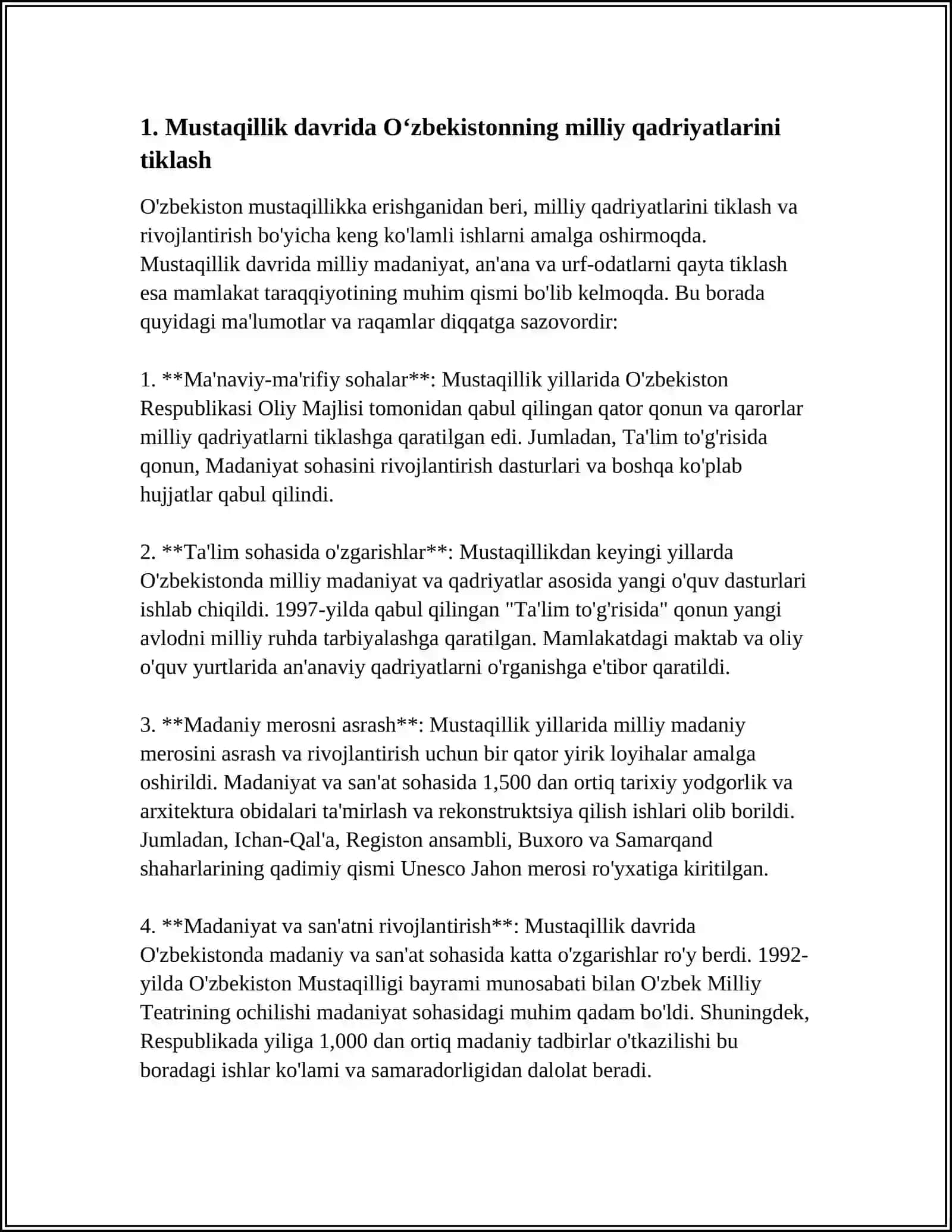 MUSTAQILLIK YILLARIDA OʻZBEKISTONDAGI MA'NAVIY VA MADANIY TARAQQIYOT HAQIDA MUSTAQIL ISH 3