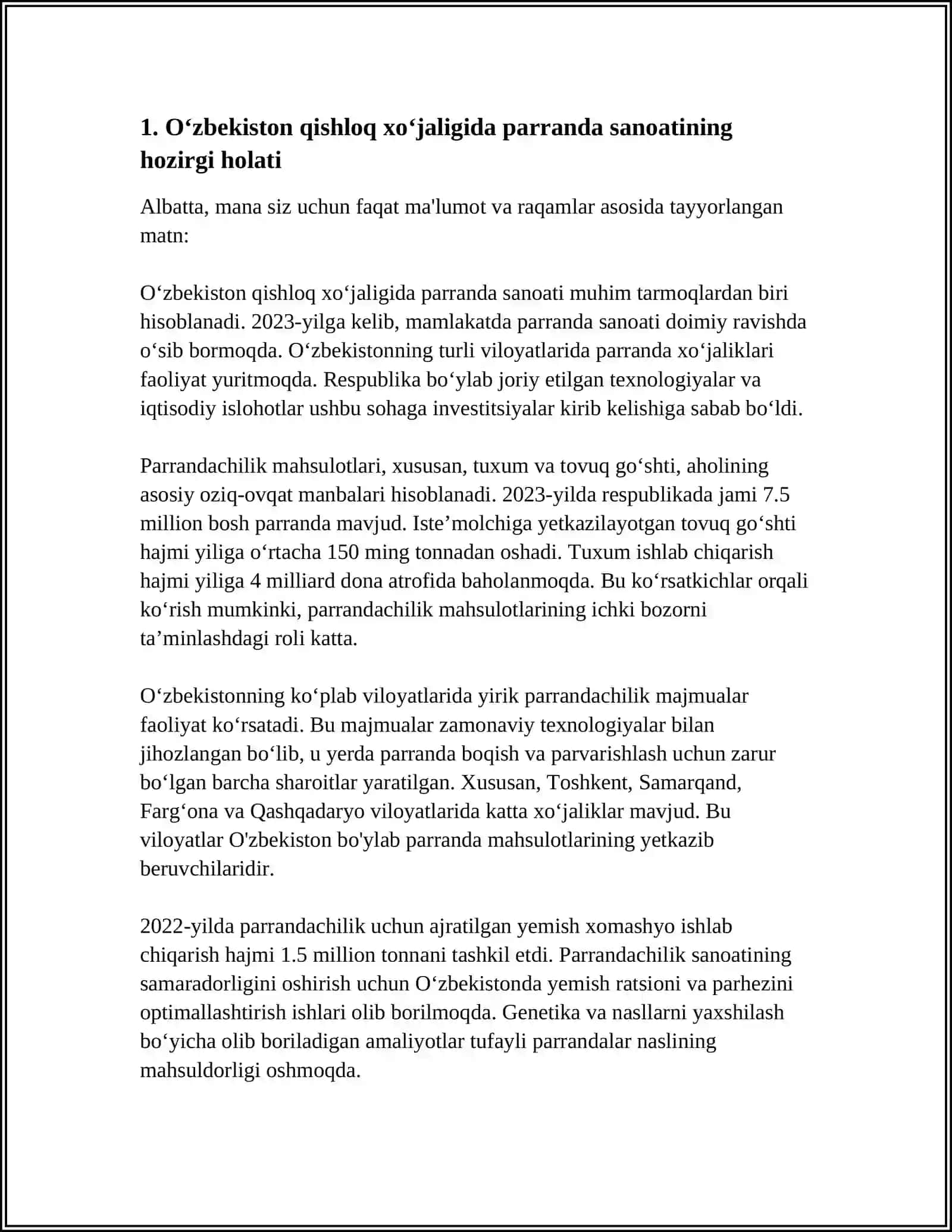 QISHLOQ XOʻJALIGI PARRANDALARNING HOLATLARI, RIVOJLANISHI VA ISTIQBOLLARI 3